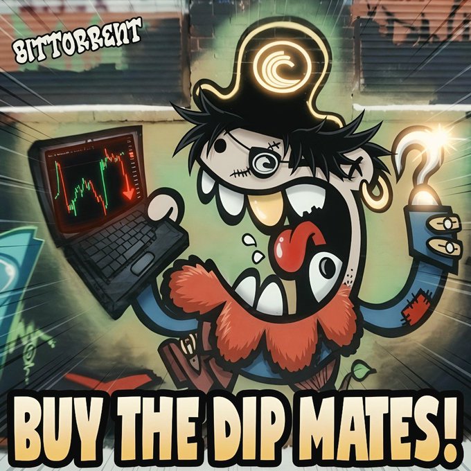The image features a cartoon character, possibly dressed as a pirate, holding a laptop computer while talking into a microphone. A text overlay states "Buy the Dip mates!".