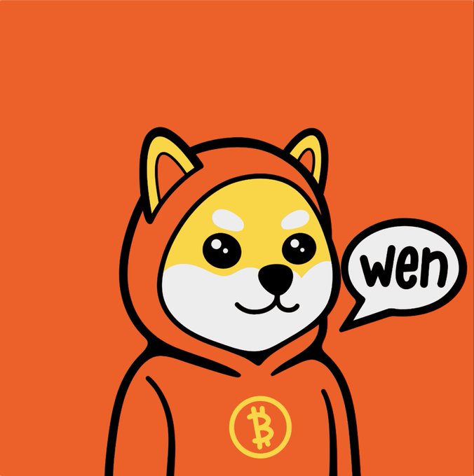 Cartoon illustration of a Shiba Inu dog wearing an orange hoodie with a Bitcoin logo, speaking the word 'wen' in a speech bubble against an orange background.