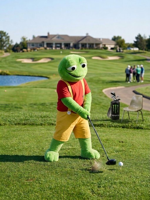 A green plush mascot character in a red shirt and yellow overalls swings a golf club on a golf course, with a clubhouse and other people visible in the background.