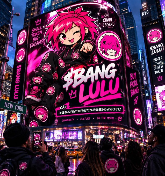 A vibrant street-style digital poster depicting a pink-haired anime girl with the text "$BANG LULU", "SMALL TOKEN BIG DREAMS", and a contract address "CA 0x0A4632F6b413eF50b702A150b3E840aF5DCFB3c1" displayed on a Times Square-like billboard in New York.