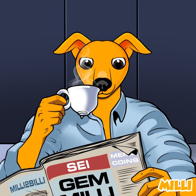 An orange dog wearing a blue shirt drinks from a steaming white coffee mug while reading a newspaper featuring headlines "SEI GEM" and "MEM COINS" with a watermark "MILLI2BILLI." The cozy morning scene pairs perfectly with the post's cheerful "GM GM" greeting and "Happy Wednesday" mid-week sentiment, reinforcing the relaxed coffee-and-news vibe of catching up on Sei crypto news to start the day.
