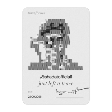 A grayscale pixelated card from "traceforms" features the handle "@shadetofficall" and the phrase "just left a trace," dated 22.09.2026, representing a piece from the upcoming 7,777-piece Trace NFT collection launching on Ethereum. The minimalist ASCII-art aesthetic and "trace" branding directly tie into the post's announcement of the onchain art experiment blending ASCII, light, and character design.