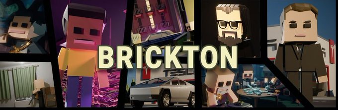 Promotional banner for "BRICKTON" featuring blocky, voxel-style 3D characters in various scenes (including a bar, garage, and city settings), visually connecting to the post's mention of the blockchain gaming project $BRICK and its notable social media engagement with Zynga founder Justin Waldron and Solana figures.