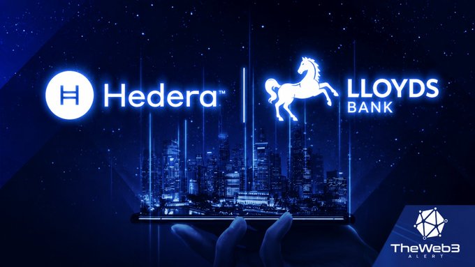 A promotional graphic showing the Hedera and Lloyds Bank logos against a dark blue city skyline background, with 'TheWeb3 Alert' logo in the corner.