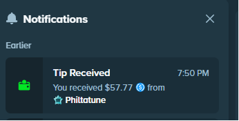 The image shows an alert or notification screen of a social media platform where it says "Notifications" at the top. Below the notifications section, there's a green button that reads "Tap here to receive tip", indicating that someone has tipped you for your services on the platform. The information also mentions that you received the tip at 7:50 PM, and it is from a user named Philtatune. This indicates that Philtatune, who might be interested in using your service or advice, tipped you during their online activity around the posted time of 7:50 PM.