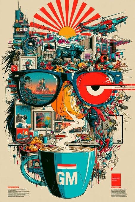A vibrant, chaotic pop-art style illustration featuring sunglasses reflecting a futuristic city, a helicopter, and a steaming blue mug labeled "GM".