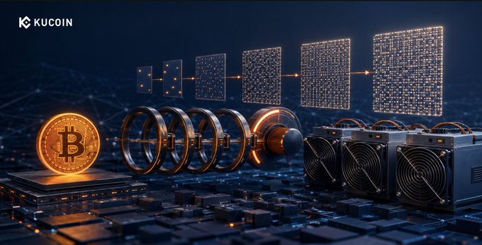 The KuCoin-branded image depicts a visual breakdown of Bitcoin mining, showing a glowing Bitcoin coin connected through sequential processing stages to data grids and cooling fans on a circuit board, illustrating the hashrate-to-output pipeline. The visualization complements the post by representing how mining hardware processes transactions and why fixed hashrate inputs don't guarantee fixed daily BTC rewards due to network difficulty adjustments.

**Visible text:** "KUCOIN" (top left logo)