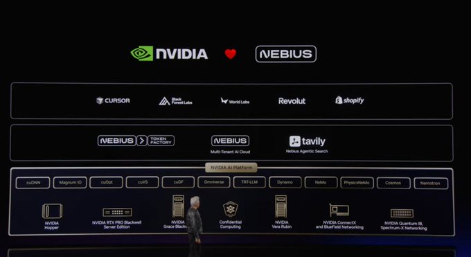The image shows a person standing next to a large display screen, which features logos of various companies such as NIBIS, NVDA, and TAVLY. The text on the screen reads "$NBIS X $NVDA $100B is inevitable." This suggests that the person might be attending an event or gathering where these companies are showcasing their products or services.

The image also includes a man standing next to a large display screen with logos of companies such as NIBIS, NVDA, and TAVLY. The presence of multiple logos on the same display screen indicates that this could be a trade show or exhibition for these companies, where they are presenting their offerings to potential customers and partners.