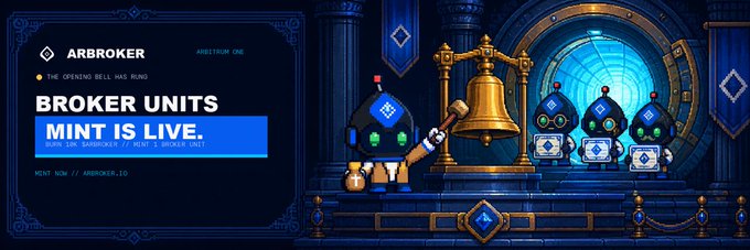 A promotional banner for 'ARBROKER' announcing 'BROKER UNITS MINT IS LIVE' with cartoon penguin-like characters ringing a bell on a blue platform.