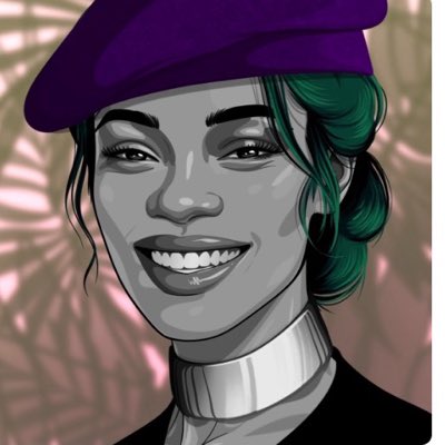 A stylized digital illustration of a smiling person wearing a purple beret with green hair, rendered in a sketch-like art style.
