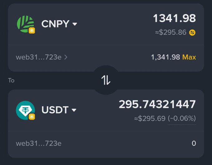 A cryptocurrency exchange swap interface showing 1,341.98 CNPY converting to 295.74321447 USDT, with the CNPY valued at approximately $295.86.