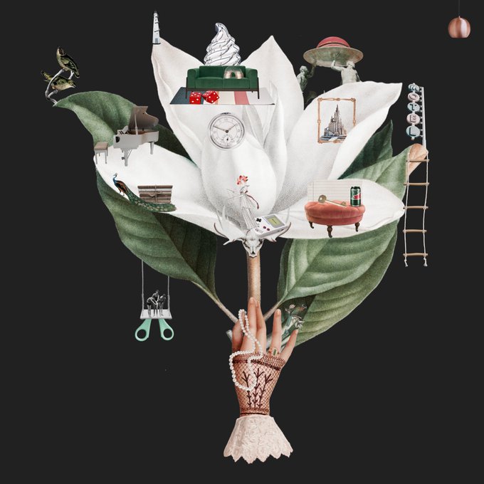 A surreal digital collage against a black background, featuring a hand with henna patterns emerging from a white lace cuff, holding a large green stem. A white flower blooms at the top, and various miniature objects—including a piano, clock, sofa, telescope, ladder, swing, and UFO—float around the petals.