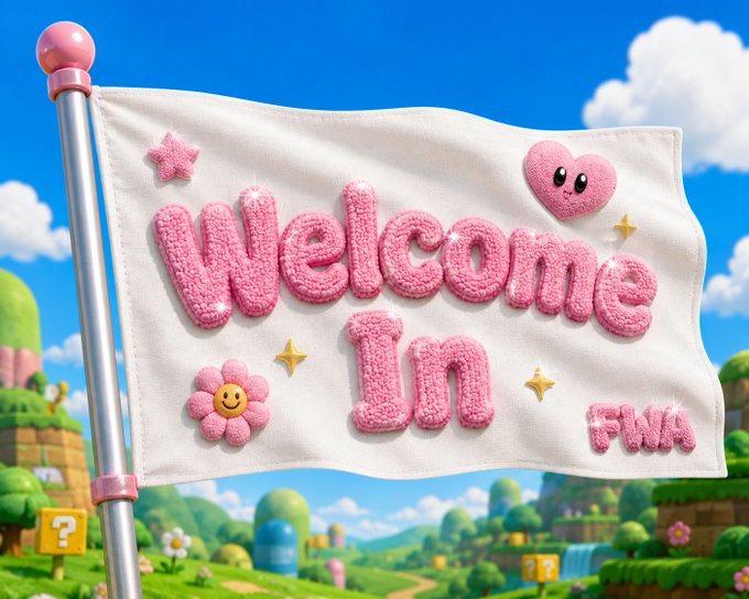 A whimsical 3D-rendered flag with fluffy pink 'Welcome' lettering decorated with a heart, flower, and star, set against a bright Mario-style landscape with green hills and question mark blocks.