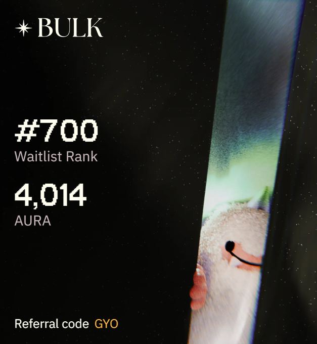 A dark digital graphic featuring a cute character peeking out, displaying "BULK", "#700 Waitlist Rank", "4,014 AURA", and a "Referral code GYO".
