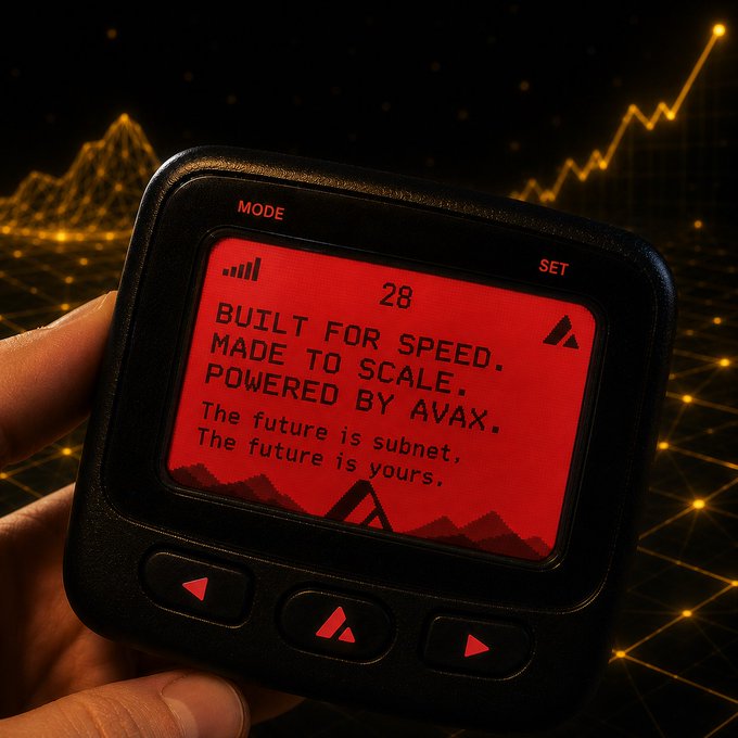 A hand holds a black electronic device with a glowing red screen displaying "28," "BUILT FOR SPEED. MADE TO SCALE. POWERED BY AVAX." and "The future is subnet, The future is yours," with the Avalanche logo, set against a backdrop of golden network nodes and an upward-trending chart—visually reinforcing the post's message about building fast, scalable solutions on the Avalanche (AVAX) blockchain.