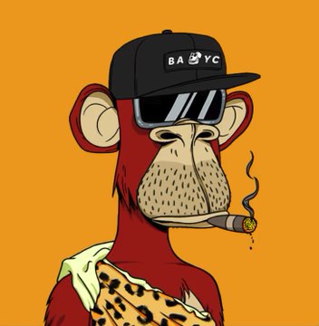 Digital illustration of a Bored Ape-style monkey wearing a black 'BAYC' cap, sunglasses, smoking a cigar, and wearing a leopard print garment against an orange background.