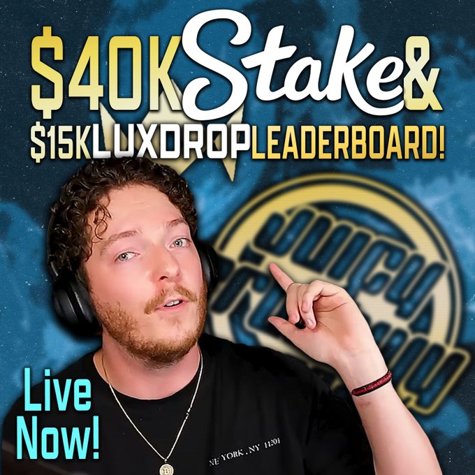 A YouTube thumbnail for a livestream shows a curly-haired man with headphones pointing upward, advertising '$40K Stake' and a '$15K Luxdrop Leaderboard!' for Call of Duty Warzone.