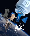 A digital illustration depicts a distressed astronaut floating in space alongside teddy bears and broken satellite debris, with a large bottle labeled 'O2' pouring its contents.