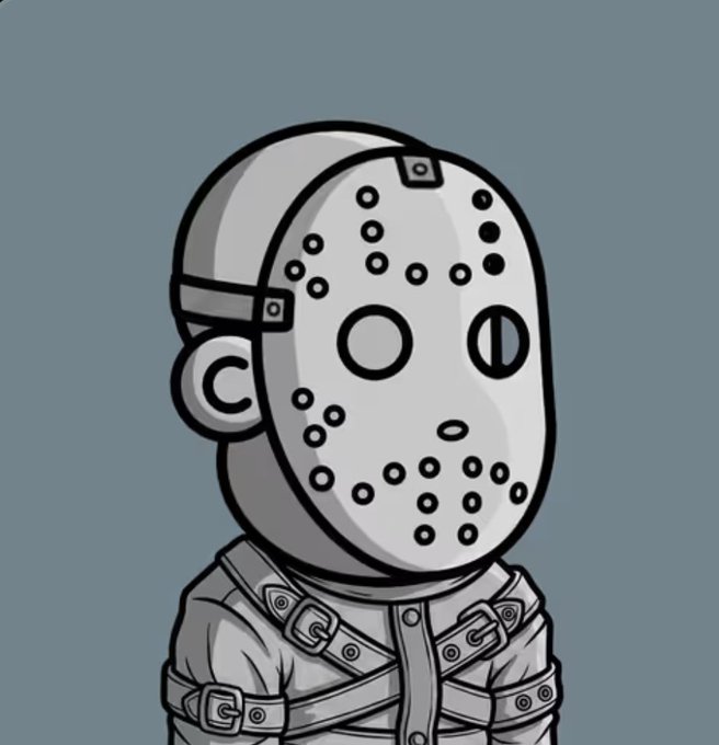 A cartoon illustration of a character wearing a gray hockey-style mask with small holes, restrained in a straitjacket-like garment against a blue background.