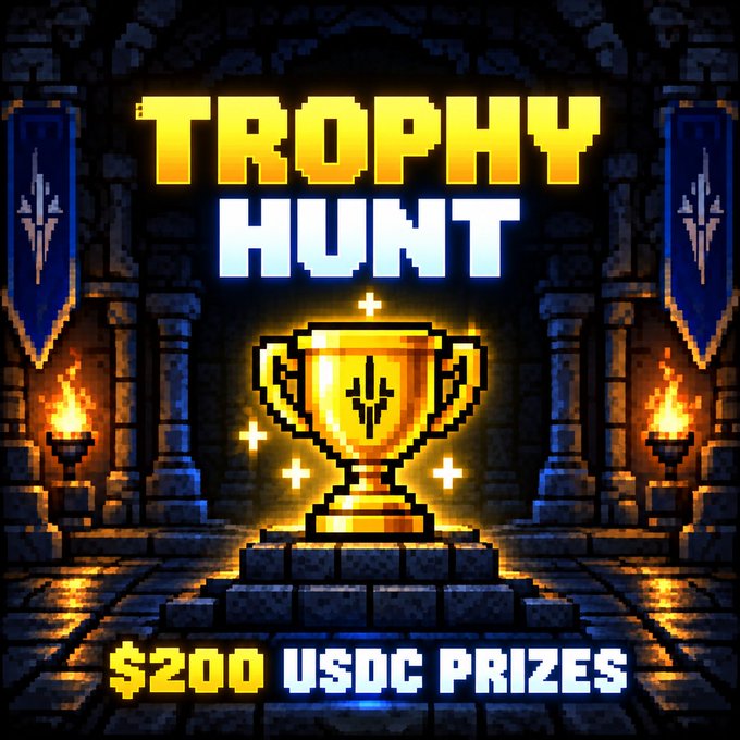 A pixel art style graphic with text 'TROPHY HUNT' above a glowing golden trophy on a pedestal in a stone dungeon setting, with '$200 USDC PRIZES' at the bottom.