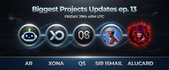 The image features a banner with four different icons, including a robot, a person's face, an x, and a computer screen displaying a message about a new project update for a video game. The text at the bottom of the image reads "Today is a big day I will be hosting another show with $XONA @Ismiles29 But also there will be another team joining and crashing the show! You don' want to miss this one".