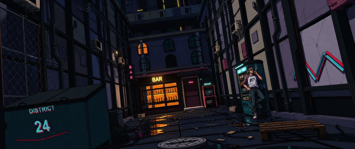 An animated illustration of a moody urban alleyway at night featuring a neon "BAR" sign, a vending machine, and text reading "DISTRICT 24".