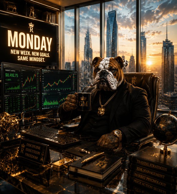 A bulldog in a sharp suit sits at a high-rise office desk overlooking a city skyline at sunrise, sipping from a "GM" mug beside trading charts showing "MARKET WATCH $8,492.75 +3.68%" and books titled "TRADING STRATEGIES" and "RISK MANAGEMENT," perfectly setting a "Good morning" tone focused on disciplined market execution for the week ahead. The "MONDAY — NEW WEEK. NEW GOALS. SAME MINDSET" sign reinforces the motivational trading mindset the post is inviting comments on.