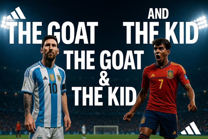 The image features soccer stars Lionel Messi (#10, in Argentina's light blue and white jersey) and a younger player (#7, in Spain's red jersey) under the bold Adidas-branded text "THE GOAT & THE KID," symbolizing a legendary veteran paired with a rising talent. This visual metaphor parallels the $GKID token narrative—suggesting a seasoned "GOAT" holding strong while the newer "kid" quietly builds structure and momentum, poised for a breakout if volume returns.
