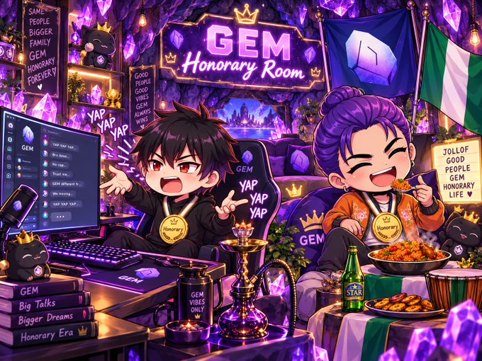 The image shows a vibrant, chibi-style illustration of two animated characters in a purple-lit "GEM Honorary Room" gaming setup, with one character at a keyboard and another happily eating, surrounded by signs reading "GEM Honorary Room," "YAP YAP YAP," and "JOLLOF GOOD PEOPLE GEM HONORARY LIFE." The festive scene visually celebrates the post's announcement of 24 Temps earning their GEM honorary status, featuring @AGGTORNADO as the energetic "best yapper" and @Abdxbt receiving his long-overdue recognition.