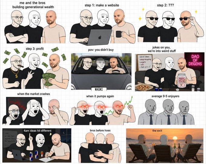 A 12-panel meme comic featuring the 'Chad, Wojak, and Yes Chad' Wojak characters depicting a humorous crypto/coding journey from 'me and the bros building generational wealth' to 'the exit' on a beach, with panels showing website creation, profit, market crashes, laser eyes, and stereotypical 'DAO of degens' lifestyle references.