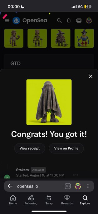 A screenshot of the OpenSea app on a mobile phone displays a successful NFT acquisition with the message 'Congrats! You got it!' showing a hooded cloaked character on a green background.