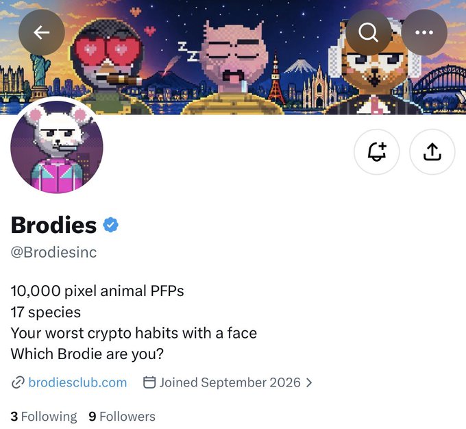 A Twitter/X profile page for the verified account "Brodies" (@Brodiesinc), displaying a pixel-art header featuring three animal characters (a dog with heart eyes, a sleeping bear, and a fox) against a cityscape backdrop, with the bio noting "10,000 pixel animal PFPs, 17 species" and a website link to brodiesclub.com. The post references this account as an early alpha call by @carlothecurator, highlighting it as a notable discovery in the crypto/NFT space.