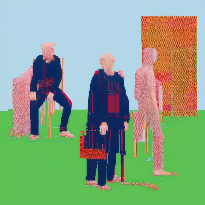 The image depicts a digital figurative mesh painting showing three stylized human figures—one seated in dark clothing, one standing centrally in a long coat holding a briefcase, and one walking past—rendered in pixelated textures against a sky-blue and grass-green background with an orange rectangular structure. It visually represents the NFT artwork "Figurative Mesh Painting IX," whose minting link is shared on the accompanying post.