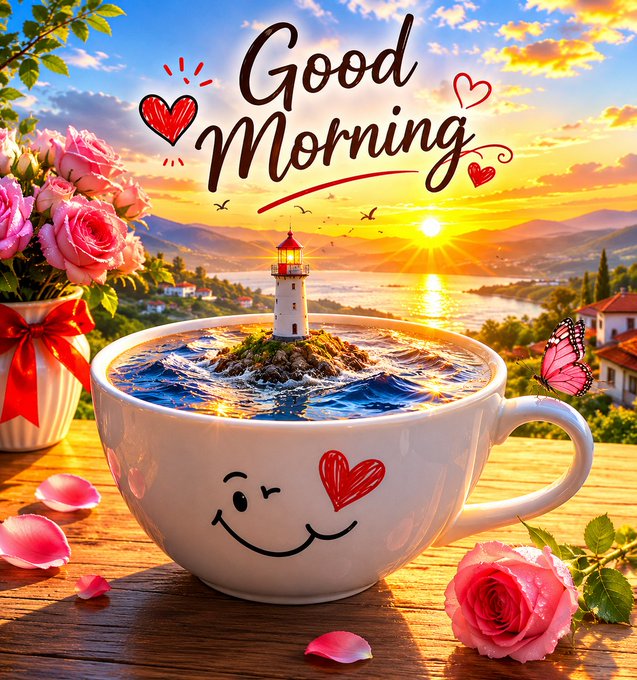 The image features a white cup with a face drawn on it filled with water, surrounded by pink roses. The cup has a heart-shaped lid that says "Good Morning" written in red letters above it. There are also two hearts floating around the cup. In the background, there is a sunset and mountains visible through the window of a house.