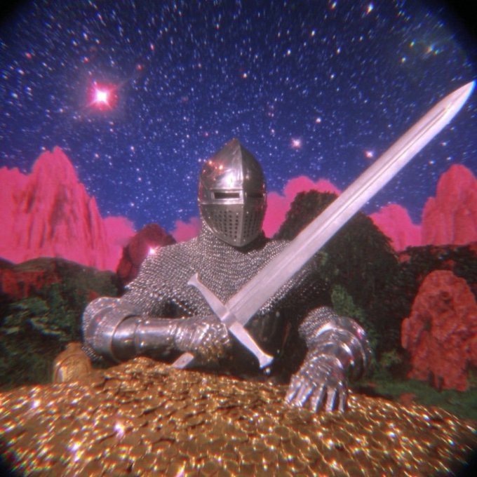 A surreal, retro-style image of a knight in shining armor holding a large sword, set against a glittering starry sky and pink-hued mountains, with gold coins scattered in the foreground.