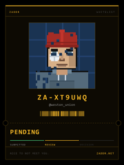A pixel art image resembling a passport or ID card, featuring a character with a red beanie and a blue jacket. Visible text includes 'ZA-XT9UMQ', '@wxton_wtson', 'PENDING', 'SUBMITTED: 06/23/23', '042:03', 'HOLD IS NOT OVER YET.', and 'ZAONE.NET'.