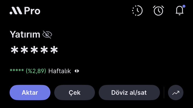 Screenshot of a banking app showing an investment account labeled 'Yatırım' with a masked account number and a weekly return of %2,89, featuring Turkish buttons (Aktar, Çek, Döviz al/sat).