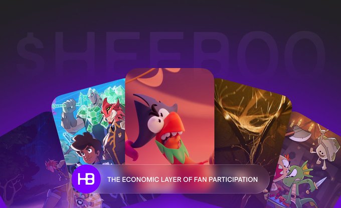 Promotional graphic for HB) labeled 'THE ECONOMIC LAYER OF FAN PARTICIPATION' with '$HE800' text and four character illustration cards fanned out against a purple background.
