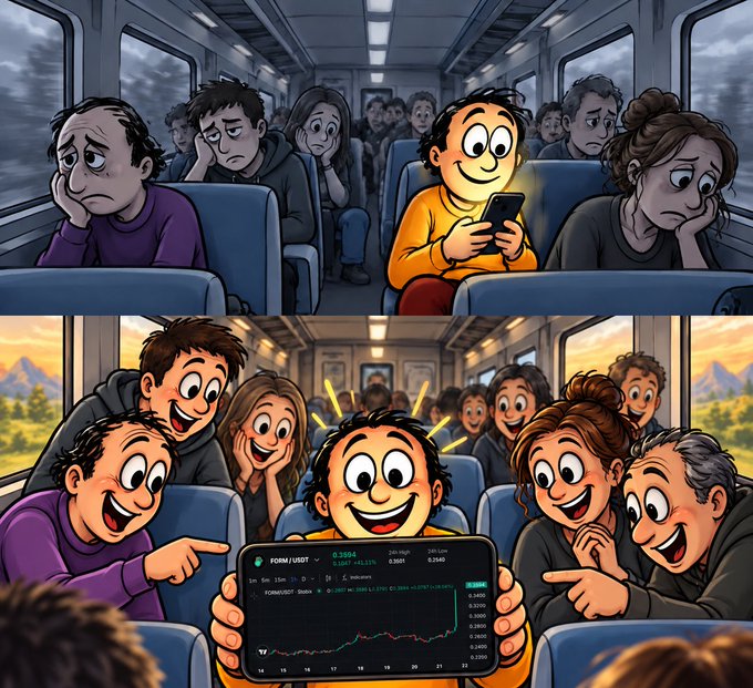 A two-panel cartoon illustration shows a train full of sad passengers in the top image, and the same train scene in the bottom image with everyone excitedly looking at a smartphone displaying a rising FOM/USDT crypto trading chart.