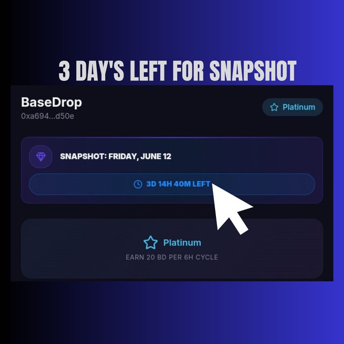 The image shows a snapshot of three days remaining until the @BaseDrop_ Snapshot event. The snapshot countdown timer is currently set at 0 hours, with an arrow pointing towards it. A user is seen preparing for the event by clicking on the arrow, indicating that they have completed collecting their treasures and should soon be ready to hit "@BaseDrop". The focus of the image is on the countdown timer and the subsequent action required by the user in order to participate in the snapshot event.