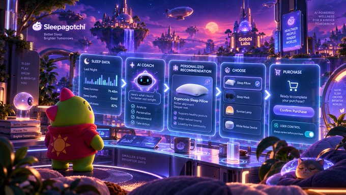 A colorful, futuristic 3D rendering for 'Sleepagotchi' by Gotchi Labs shows a green dinosaur character in pajamas viewing a sleep tracking dashboard with options for 'SLEEP DATA', 'AI COACH', and 'PERSONALIZED RECOMMENDATION' for sleep pillows.