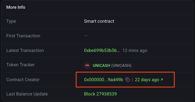 A blockchain explorer page shows "More Info" details for the UNICASH (UNICASH) smart contract, with a red box highlighting that the contract creator (0x0000...9ad49b) created the contract 22 days ago—matching the post's claim about the UNICASH token sharing the same creator as $FRONG and $UNIFROG.