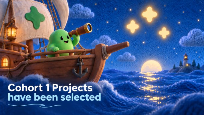 A whimsical green character with a plus-sign eye peers through a telescope from a wooden sailing ship at night, with stars, a moon, and a lighthouse guiding the way across the waves. The text "Cohort 1 Projects have been selected" ties to the announcement that the Curation Committee has chosen the inaugural cohort of projects, readying them for launch.