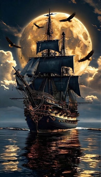 A dramatic digital illustration depicts a large sailing galleon with dark sails silhouetted against a massive glowing full moon, with birds flying around the ship on calm waters.