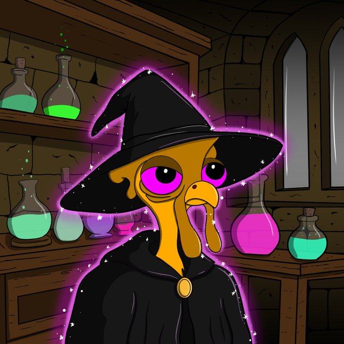 A digital illustration of a yellow creature wearing a black wizard hat and robes, glowing with pink energy, standing in a stone room with shelves of colorful potion bottles.