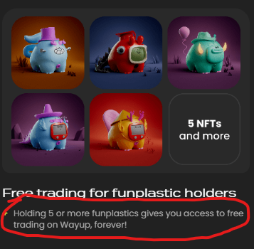 A promotional graphic showing five colorful 3D character NFTs, with text stating 'Holding 5 or more funplastics gives you access to free trading on Wayup, forever!' circled in red.
