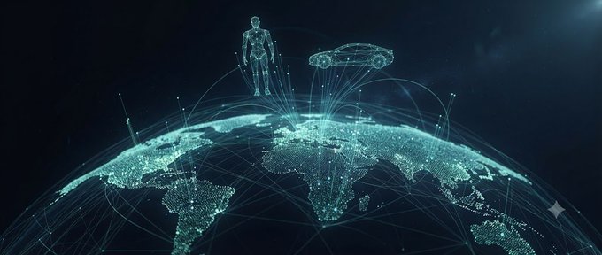 A digital illustration showing a glowing globe of Earth with network connections, a human figure, and a car connected by light beams, set against a starry background.