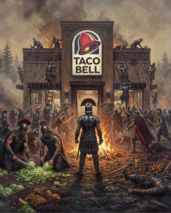 A Roman legion battles for control of a Taco Bell in a scene reminiscent of an epic odyssey. The Taco Bell logo is prominently displayed above the chaotic, fiery battlefield.