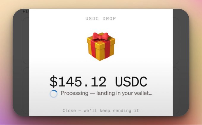 A USDC drop of $145.12 is currently processing and landing in a wallet. This image illustrates the outcome of the steps outlined in the accompanying post, which details how to connect accounts and receive funds via Paybox.