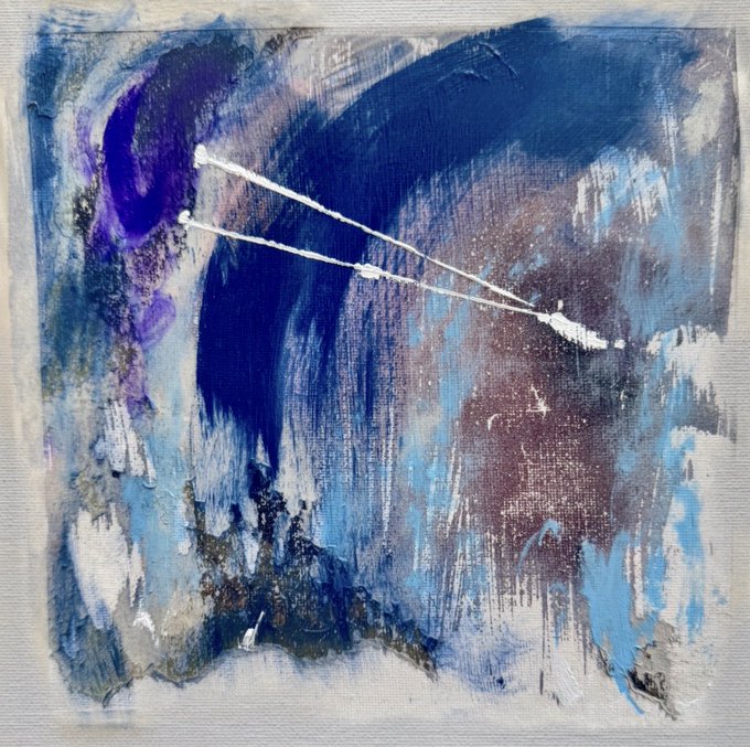 An abstract painting dominated by shades of blue, purple, and white, featuring textured brushstrokes and thin white lines crossing the composition.